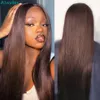 13x4 Cabelos de cabelos humanos de renda marrom escura Figs de cabelo brasileiro reto 30 32 polegadas Fechamento de renda transparente peruca sintética para mulheres