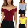 Damen T-Shirt Sommer Damen Casual Strand Party Stretch Schmal geschnittenes T-Shirt Sexy Schulterfrei V-Ausschnitt Schleife Baumwolle Tops TopsDamen