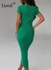 liooilセクシーなニットコルセットドレス女性ローブ半袖首ネック紫色の緑のリブベッドボディコンミディドレス夏のベスティドス220601307x