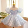 2022 Blue Princess Flowers Girls Dresses for Wedding Long Sequenine Appliques perle da ballo Abito per bambini Abiti da concorso Primo abito di comunione santa