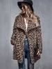 Kvinnors ull blandar rockar höst vinter leopard tryck imitation päls ytterkläder medium lång ull förtjockad varmt dike rockar stor lapel cardigan ulljacka