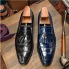 Nya män pekade tå blå svart klänning mode handgjorda skor äkta läder bröllopsfestskor