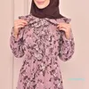 Ethnic Clothing Print Dresses Women Fashion Floral Bow Collar Frill Design Flare Sleeve Belted Swing Soft Robe Muslim Party 2022Ethnic