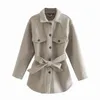 女性の新しいファッションベルトルーズウールジャケットビンテージ長袖ポケット女性アウターウェアシックオーバーコートl220725