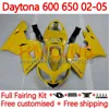 Carrosseries de moto pour Daytona600 Daytona650 02-05 Carrosserie 148No.0 Capot Daytona 650 600 CC 02 03 04 05 Daytona 600 2002 2003 2004 2005 Kit de carénage ABS Jaune brillant