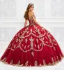 Vonken Red Lace Quinceanera Jurken Uit De Schouder Goud Applique Baljurk Vloer Lengte Galajurk Vestido De Festa Sweet 16 D296K