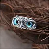 Band Rings Fashion Jewelry Retro Owl Ring Blue Eye Owls Adutable Drop Delivery DHC14