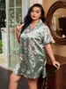 Unterwäsche Damen Plus Size Blumendruck Satin-Nachtkleid mit geteiltem Saum 94m6#Damen