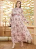 Plus Size Jurken Dames Grote Maxi-jurk 2022 Lente Roze Chique Elegante Lange mouw Bloemen Avond Feest Bruiloft Festival KledingPlus Holl22