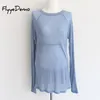 Lente zomer basic tops lange mouw losse dunne sexy blauwe t-shirt vrouwen mode effen kleur katoenen doek femme 220408