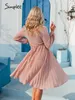 Casual plissee tiefem v-ausschnitt sommer kleid frauen strand Elegante rosa puff langarm frühling midi kleid Sexy mujer vestidos 220511