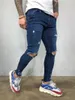 Men Jeans Black Blue Cool Skinny Knee Hole Ripped Stretch Slim Elastic Denim Pants Solid Color High Street Style Trousers Man 220408