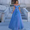 Rainbow Blue Long 2022 Prom Dresses Saudi Arabic Poaded Plus Size Sweep Train Evening Dress Custom Made Off Shoulder Special Party Gowns