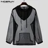 Occun Fashion Men Mesh T-shirt Hooded See Through Long Mouw Casual Tops Sexy Streetwear Losse Nachtclub Party Mens T-shirts 220407