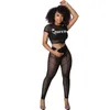 2022 Sexig stretch Gaze Letter Printed Suit for Women Mesh Sheer Yoga Pants Set Casual Two Piece Outfits Womens Clothing