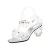 2022 women Ladies Genuine sandals PVC dress shoes 7.5CM Transparent chuckly high heels peep toe wedding party buckle Strap bead diamond Retro Mary Jane sheepskin