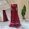 Party Dresses Elegant Burgundy Lace Muslim Evening Long Sleeve Grey Luxury Dubai Crystal Arabic Formal Dress Women Wedding GownsParty