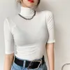 Basic Cotton T Shirt Kobiety Turtleneck Slim Tshirt Krótki Rękaw Koszulki Kobieta Casual Elastyczność White Tee Shirt Femme Woman Top 220411