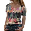 짧은 슬리브 기하학적 패턴 여성 티셔츠 셔츠 여름 상판 oneck 프린트 캐주얼 Tshirt 느슨한 긴 슬리브 여성 티 220530