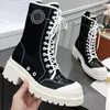 Frauen 2022 Herbst Winter Niedrigen Blockabsatz Mittlere Waden Stiefel Dicke Sohle Motorrad Runde Kappe Lace Up Elegante Leinwand Ankle Booties