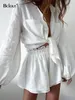 Bclout Linen Ruffle Shorts Sets 2 Pieces Women Sexy Lantern Sleeve White Tops Summer Elastic Waist Woman Suit Outfits 220509