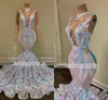 2022 Black Girls Sparkly Sequined Lace Long Prom Dresses Sexy sheer Jewel Neck Mermaid African Sequins Women Gala Evening Party Gowns robes