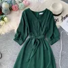 Nowy Vintage V Neck Jesień Midi Długi Bandaż Dress Party Vestido De Festa Wieczór Kobiety Dorywczo Wysoka Talia Elegancka A-Line Vestidos Y220413