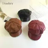 2019 Leather Vintage Fashion Berets Painter Hat Autumn Winter Caps Male Female Casual Solid Color PU Leather Octagonal Cap J220722