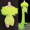 Fluorescerende groene off -schouder transparant trailing jurk podium slijtage dames zanger concert catwalk feest nachtclub show kostuum