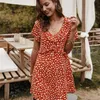 2020 NOWOŚĆ RUFFLES Summer Krótki kombinezon Kobiety boho elegancki rękaw motyli v dekolt polka kropka nadruk plażowy kombinezon ropa mujer t200704