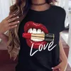 Haut pour femme col rond Sexy noir t-shirts baiser lèvre drôle été femme doux t-shirt lèvres aquarelle graphique Top9180