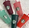 Starbucks 24oz/710ml canecas plásticas com deusa do copo de copo de logotipo bebedão reutilizável de bebida clara da forma de pilar de pilar de fundo liso copos de palha