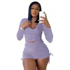 Designer Tracksuits For Women Long Sleeve Crop Top And Shorts Pleated Drawstring Decor Two Piece Set Casual Outfits