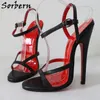 Sorbern 16Cm Stilettos High Heel Sandal Thin Straps Slingback Black And Red Real Leather Sexy Sissy Girl Shoe Custom Color