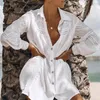 Sexy white beach cover up blouse shirt Summer tunics women Long sleeve swimsuit cover-ups tops Hollow out swimwear shirt 210226