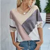 T-shirt con stampa patchwork allentata manica lunga con scollo a V da donna Primavera Autunno Moda casual Top T-shirt comoda da donna 220408