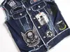 Herenjassen Schedel Patch Klinknagel Blauw Denim Vest Jas Heren Punk Rock Klinknagel Cowboy Jeans Vest Mode Motor Biker Mouwloos x0913 x0913