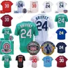 Ken Griffey Jersey Vintage 1989 1995 1997 2000 2005 Пуловер в тонкую полоску Baby Blue White Green Red Mesh Нашивка Зала славы Выход на пенсию Взрослый S-3XL