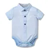 Baby Boys Summer Outfit Cotton Fashion Suit Sky Blue Romper +Navy Shorts + Suspender + Bow Tie 4 PCS Casual Set 0-24 Months G220509