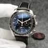 44mm Quartz Chrongograph Date Mens Watches Red Hands Black Leather Strap Fixed Bezel with The Tachymeter Markings243hを表示