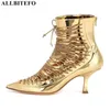 ALLBITEFO Microfibre Véritable Cuir Femmes Bottes Mode Sexy Cross Tie Golden Womens Bottines Bottes de moto 201103