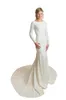 Robes de mariée sirène en crêpe élégantes simples modestes avec des manches longues bijou col rond bouton dos LDS robes de mariée modestes informelles