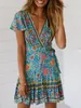Vintage Chic Fashion Women Hippie Floral Print V-Neck Bohemian Mini Sukienka Ladies Lato Summer Beach Sukienki BOHO 220516