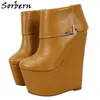 Sorbern Brown Wedges Short Booties Tjock plattform Turn Over Ladies High Heel Shoe för kvinnor 2021 Anpassade färger