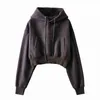 Autumn Fashion Women Croped Sweatshirts 90s Longslive Female Streetwear Brown Eesthetics Pocket Hoodies Harajuku T220726