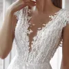 Elegante Spitzenapplikationen Brautkleider Brautkleider mit abnehmbarer Schleppe Maßgeschneiderte ärmellose V-Ausschnitt-Knopf-Vestido de Novia