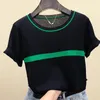 Shintimes Dünne Gestrickte T Shirt Frauen Kleidung Sommer Frau Kurzarm Tees Tops Gestreiften Casual T-Shirt Weibliche T-shirt Femme 220402