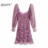 ZEVITY women fashion square collar flower print pleated mini dress lady puff sleeve casual slim vestidos chic dresses DS4526 210303