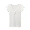 PUWD Y2K Cute Girl Cotton Hollow Out Lace T-Shirt Fashion Ladies Slim Short Sleeve Button Tops Women Summer O Neck Tees 220408