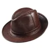 Bérets homme haute qualité en cuir véritable cuir de vachette Fedora Gentleman peau de vache bord court noir/marron haut-de-forme mâle ShowsBérets